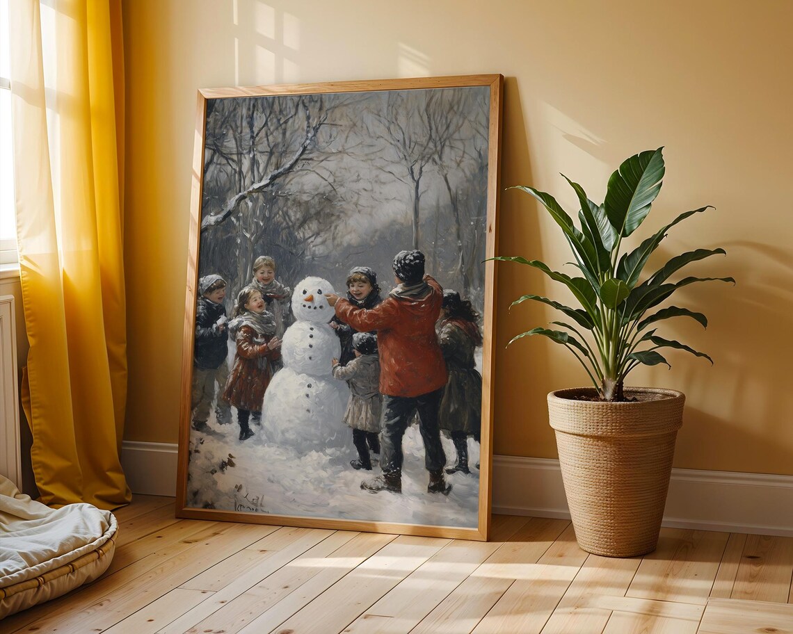 Joyful Children Building Snowman Vintage Winter Scene Art Poster