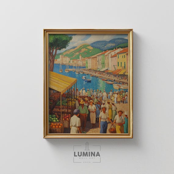 Bustling Summer Market By The Harbor Vintage Coastal Painting Mediterranean Fishing Village Warm Tones Wall Art 240