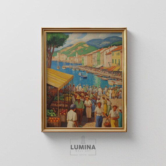 Mediterranean Harbor Market Lively Summer Day Oil Painting Poster