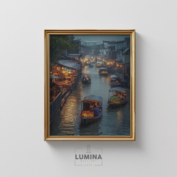 Bangkok Floating Market Rain Wooden Boats Lantern Glow Canal Night Poster