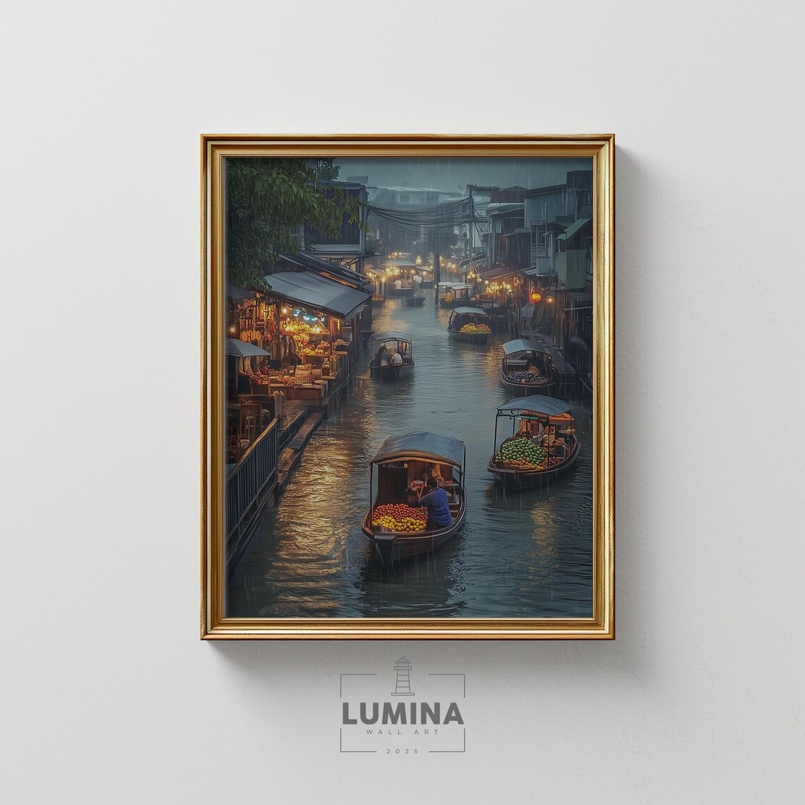 Bangkok Floating Market Rain Wooden Boats Lantern Glow Canal Night Poster