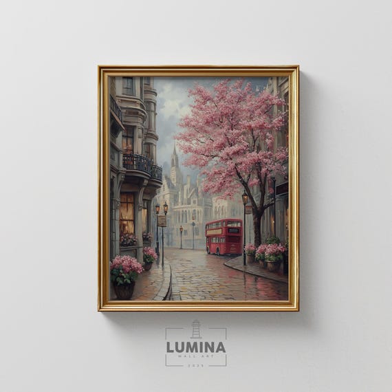 London In Spring With Cherry Blossoms Vintage City Street Art Red Bus And Floral Scene Cozy European Travel Print Painting 434