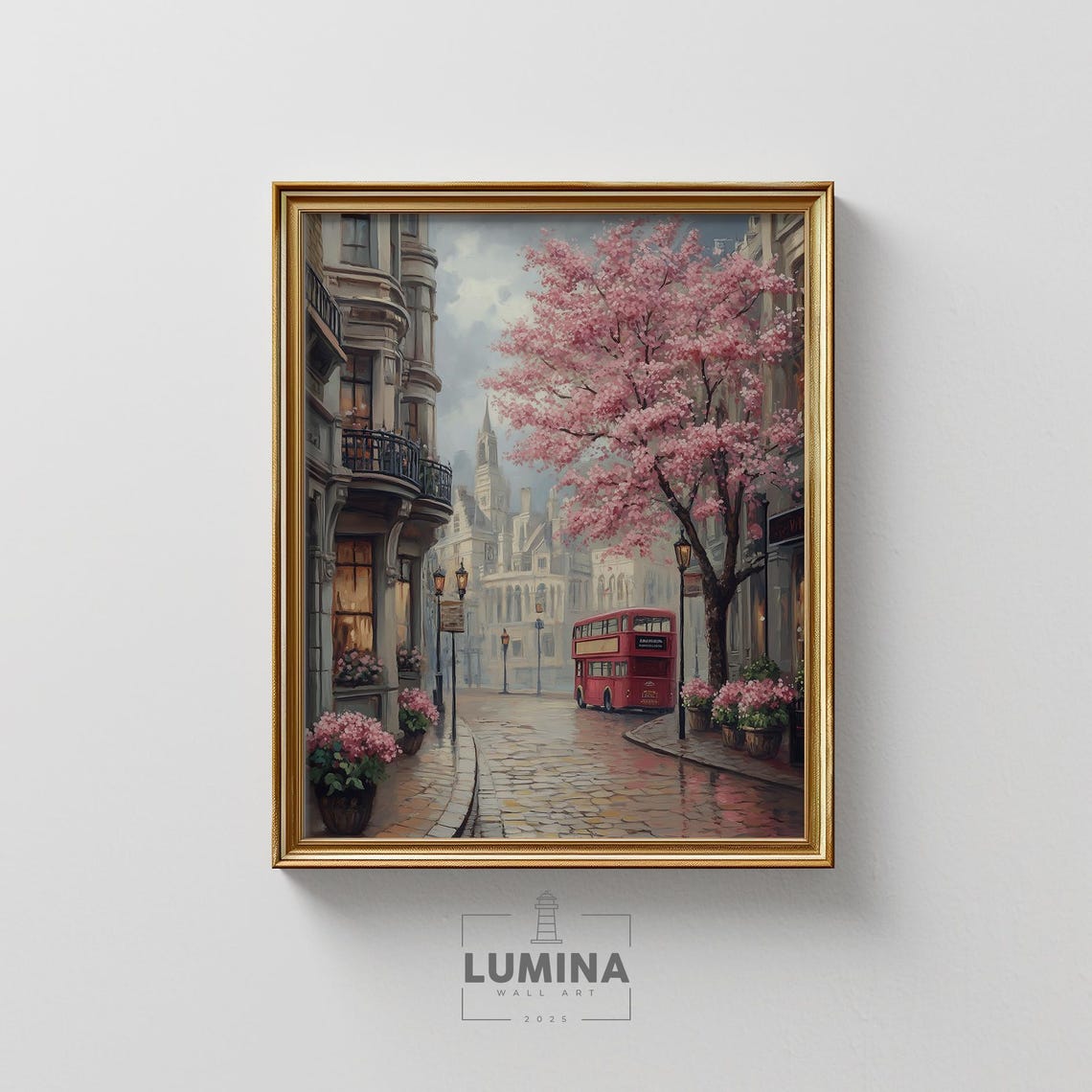 London In Spring With Cherry Blossoms Vintage City Street Art Red Bus And Floral Scene Cozy European Travel Print Painting 434