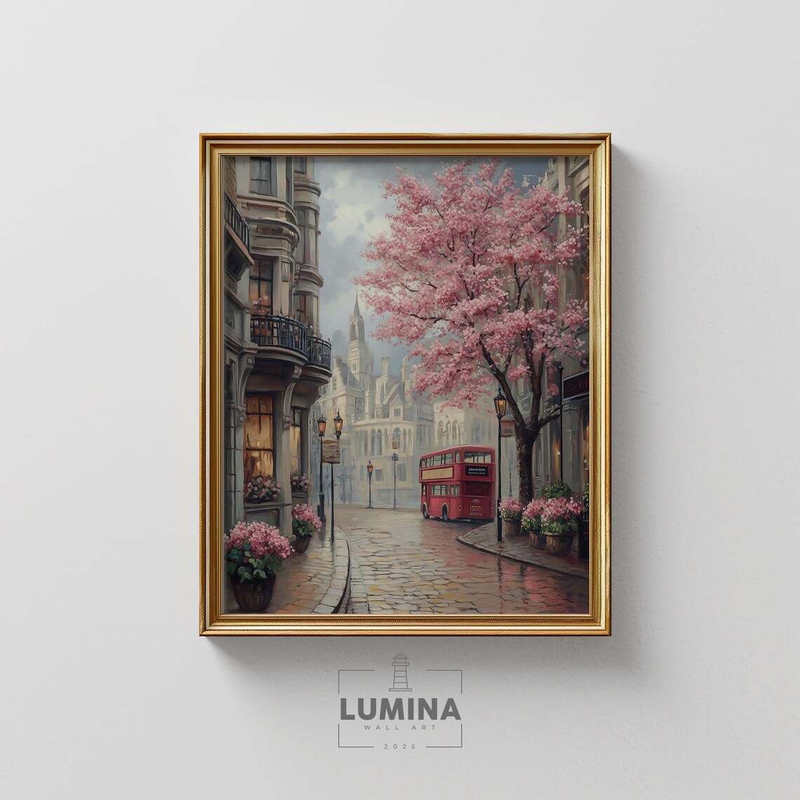 London Spring Cherry Blossom Street Red Bus Vintage Scene Poster