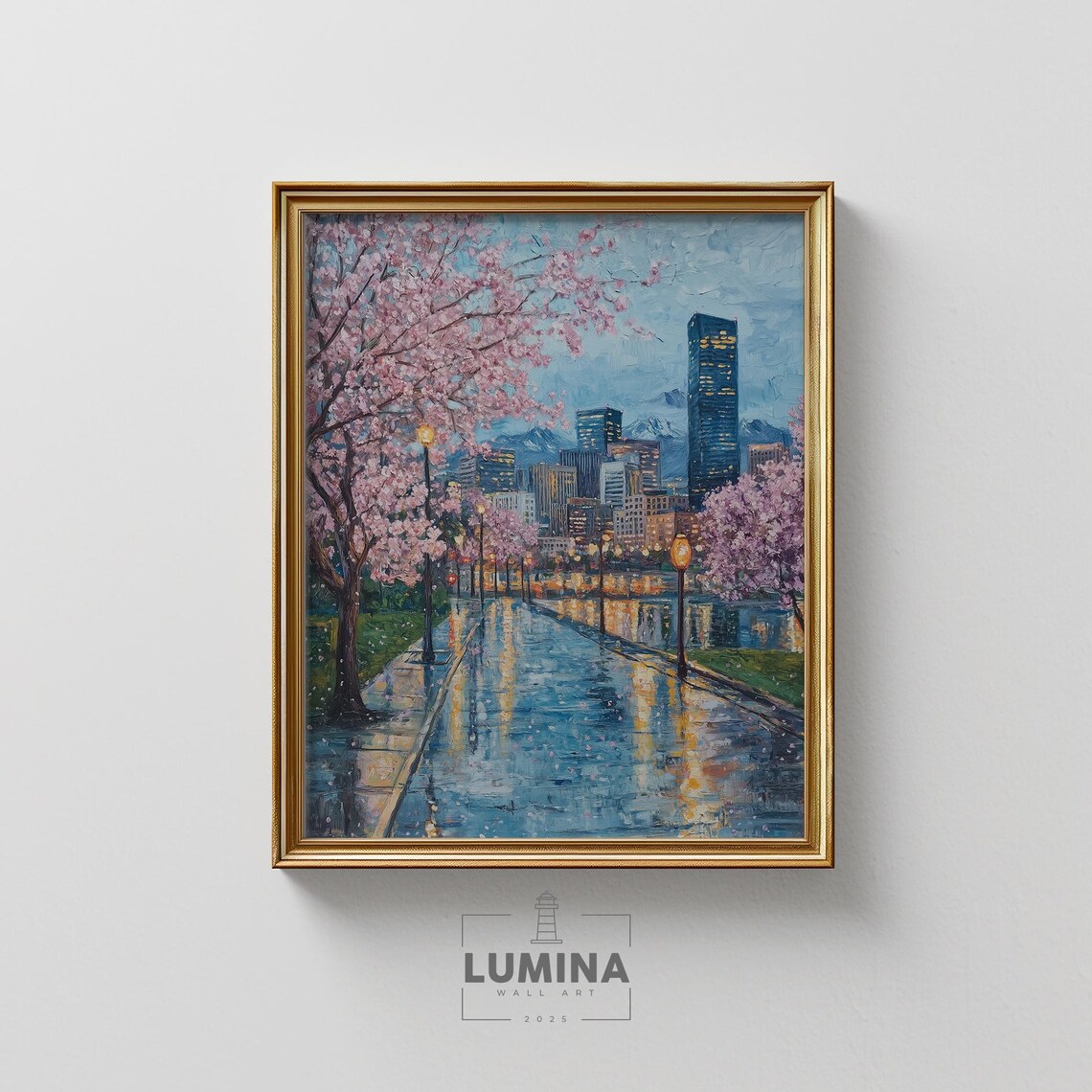 City Skyline At Dusk Cherry Blossom Rainy Street Evening Art Poster