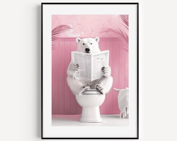 Fluffy Polar Bear Reading Newspaper Pink Bathroom Toilet Wall Art