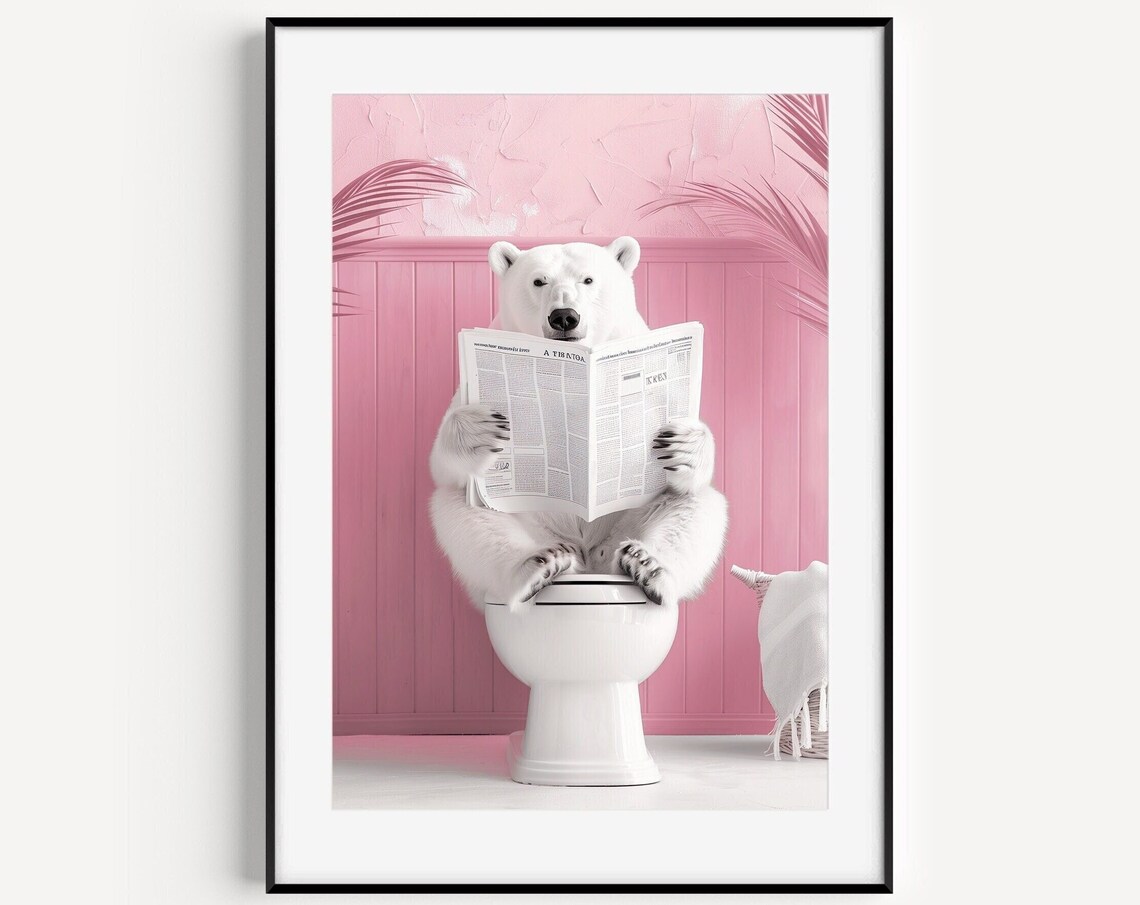 Fluffy Polar Bear Reading Newspaper Pink Bathroom Toilet Wall Art