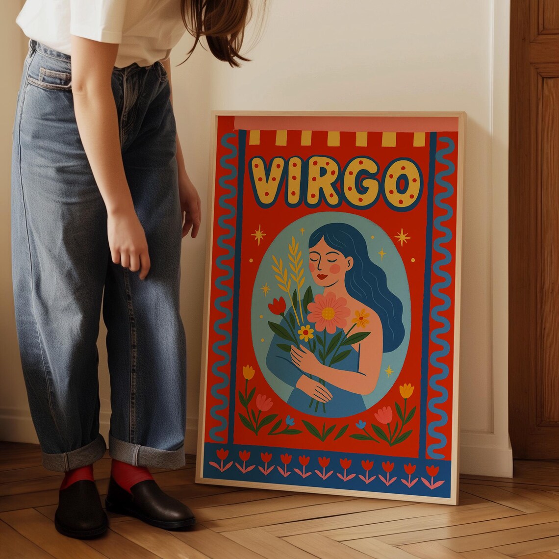 Virgo Zodiac Sign Poster Retro Flower Girl Astrology Horoscope Gift