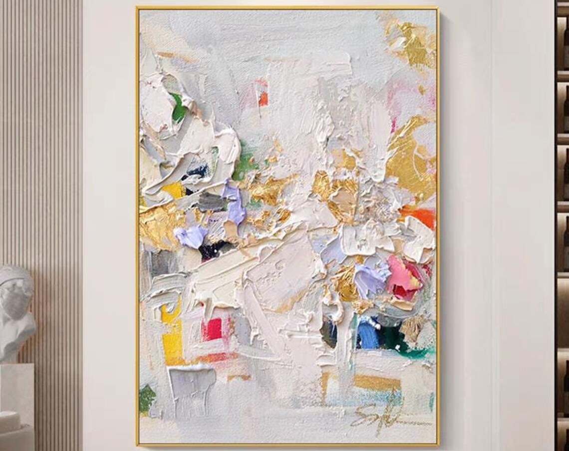 White Gold and Pink Palette Knife Strokes Abstract Art Poster