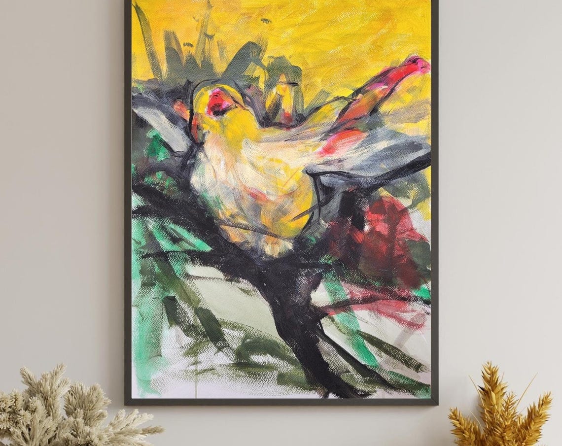 Expressive Yellow Bird Perched on Dark Branch Bold Acrylic Art Poster - Image 3