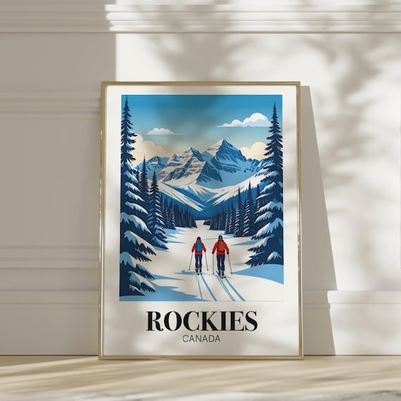 Rockies Canada Cross Country Skiers Snowy Pines Winter Travel Poster