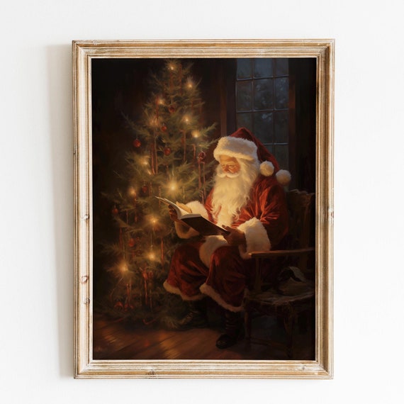 Vintage Christmas Wall Art Santa Reading Book Christmas Oil Painting Cottagecore Decor Academia Christmas Decor Moody Winter Print