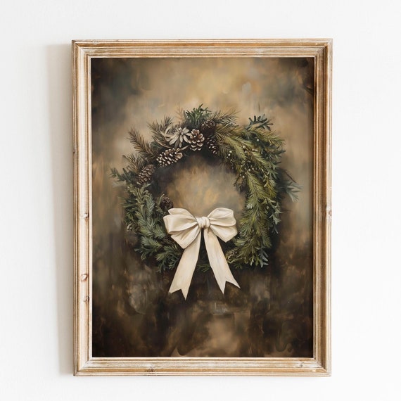 Moody White Christmas Wreath Vintage Christmas Decor Christmas Wreath Wall Art Rustic Christmas Wall Art Realist Holiday Decor Winter Wreath