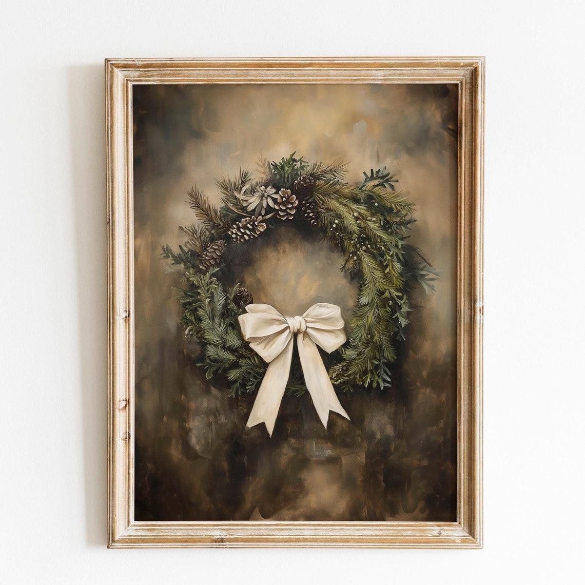 Moody Pine Wreath White Bow Pinecones Dark Vintage Christmas Poster