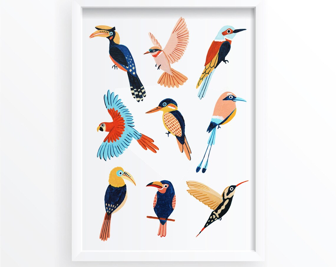 Parrot, Peacock & Toucan Botanical Art Print