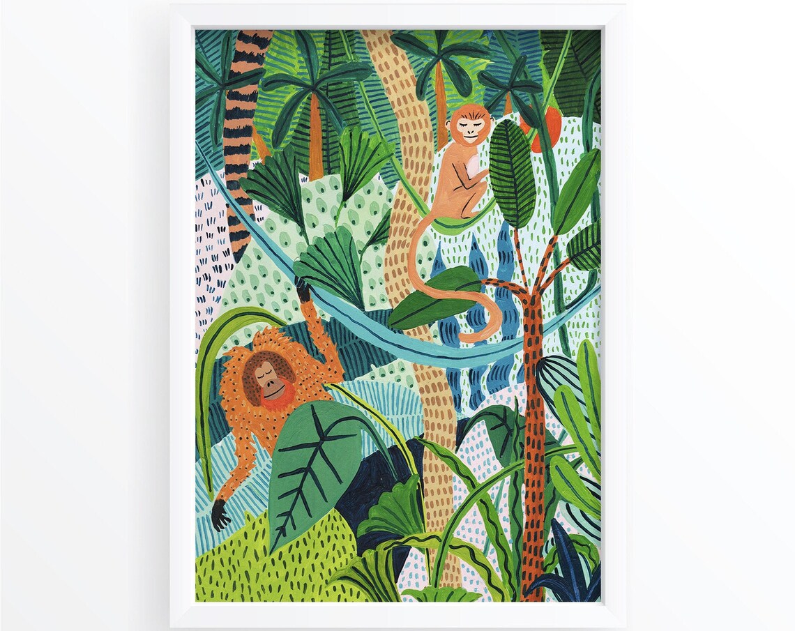 Monkey Botanical Illustration Print, Tropical Nursery Decor
