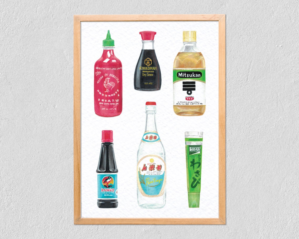Asian Condiments Illustrated Bottles Sriracha Soy Sauce Kitchen Poster