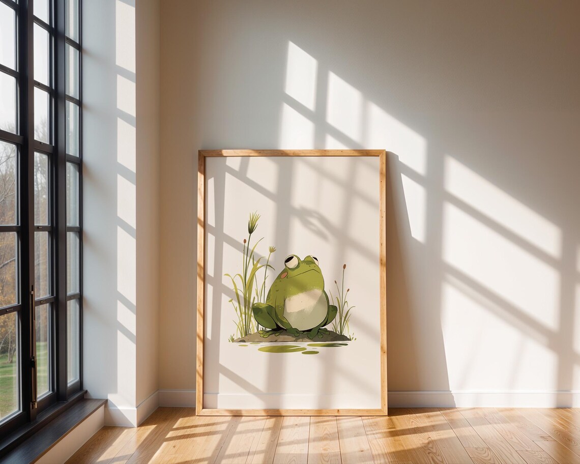 Cute Green Frog by Pond Reeds Sleepy Eyes Illustration Poster - Image 6