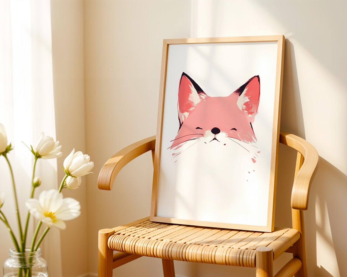 Blushing Smiling Fox Minimal Watercolor Face Cute Animal Wall Art