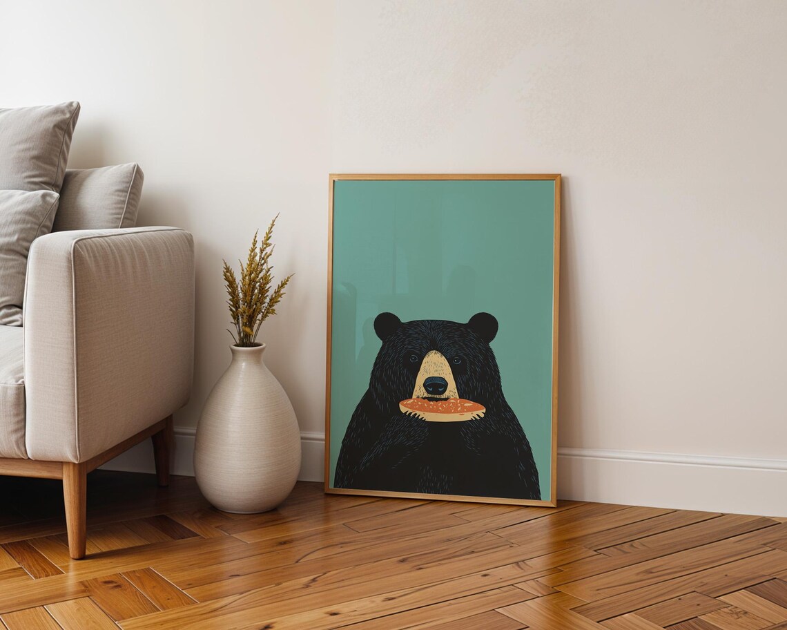 Adorable Black Bear Eating Pie Slice Minimalist Teal Kitchen Poster - Image 4