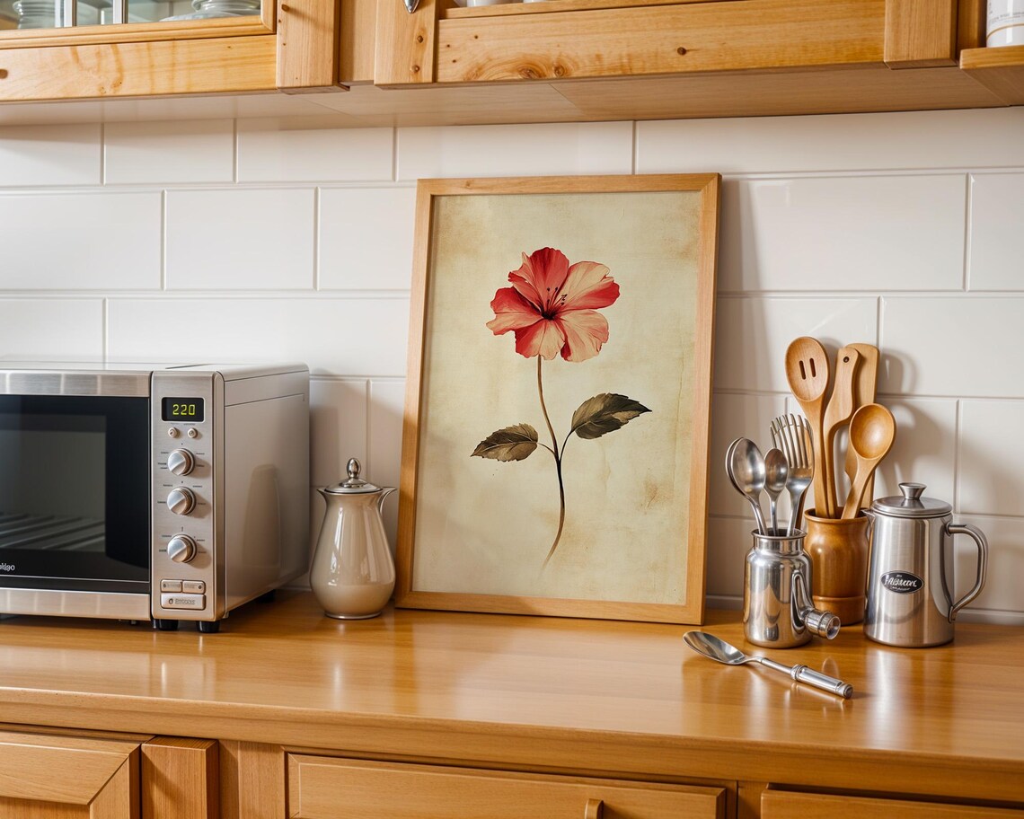 Red Flower Vintage Art Print, Botanical Decor