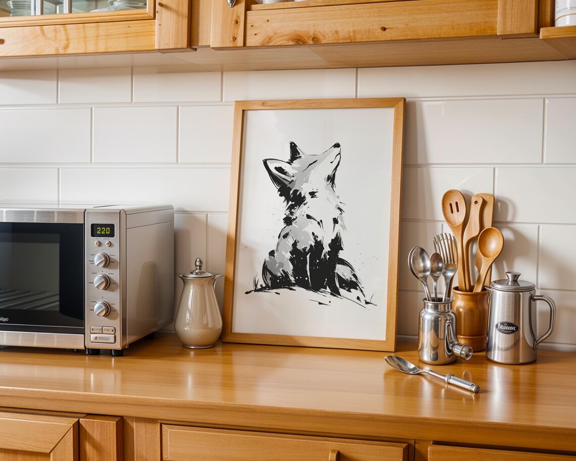Monochrome Fox Gazing Up in Japanese Ink Wash Wall Art in Bold Black Brushstrokes - Image 6