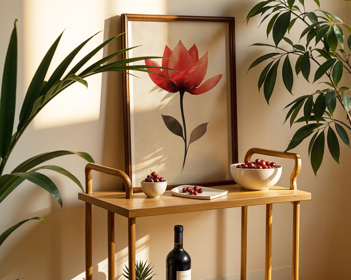 Vintage Red Flower Art Print, Kitchen Office Decor - Image 3