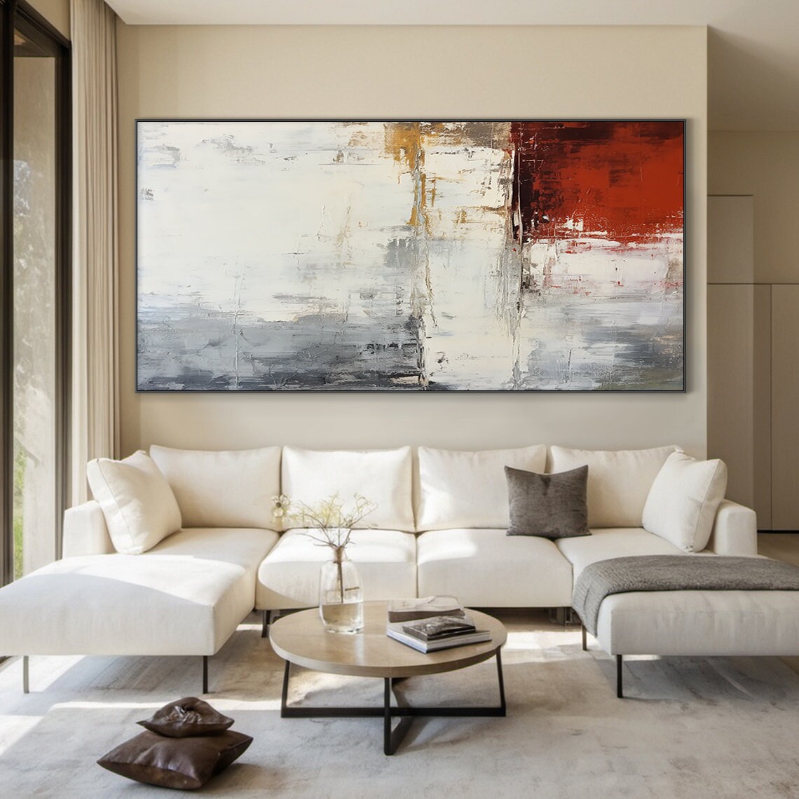 White And Grey Wabi Sabi Wall Decor Art Grey And White Abstract Art Large Red Textured Painting Home Decor - Image 3