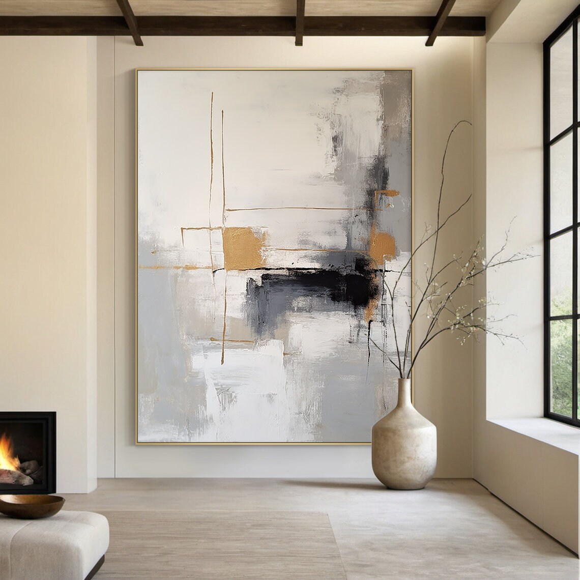 Abstract Painting On Grey And White Gray And White Minimalist Wall Art Large Black And Brown Textured Hand Painting Home Decor - Image 5