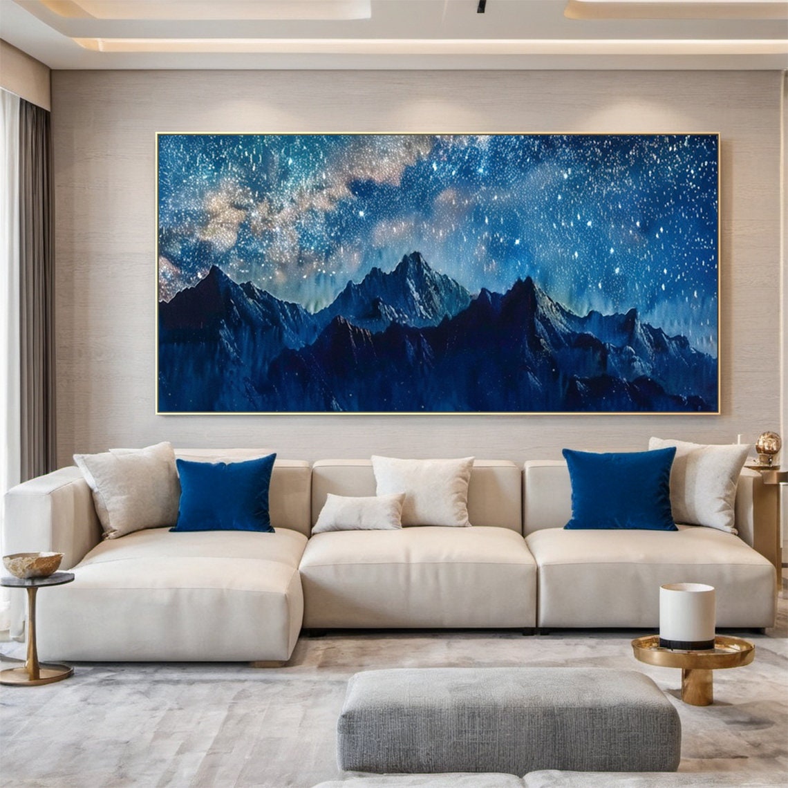 Mountain Starry Sky Painting Large Blue Night Scene Oil Painting Blue Wall Decoration Art Modern Natural Living Room Decoration - Image 3