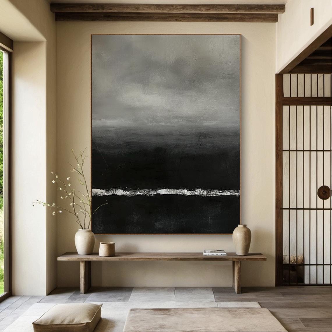 Grey Black Abstract Painting White Horizon Line Moody Modern Wall Art - Image 6