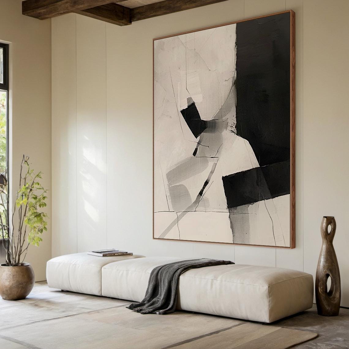 Beige Abstract Oil Painting Decorative Painting Beige Simple Wabi Sabi Wall Painting Black Abstract Art Modern Home Decor Handmade Gift - Image 4