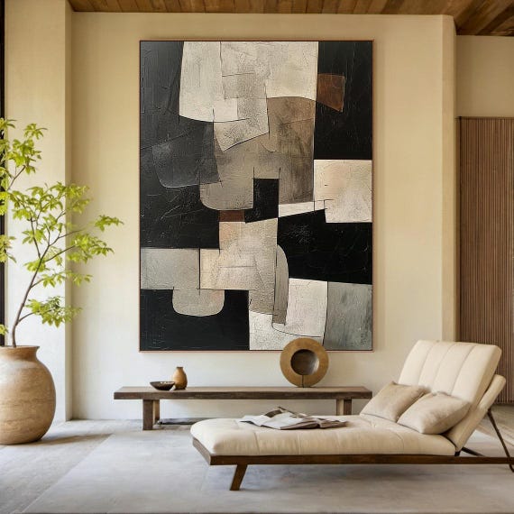 Black Abstract Oil Painting Decorative Painting Large Wabi Sabi Minimalist Wall Painting Brown Beige Abstract Art Modern Home Decor