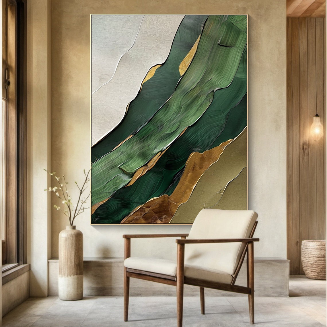Green Brown Gold Diagonal Bands Textured Luxe Modern Art Poster - Image 3