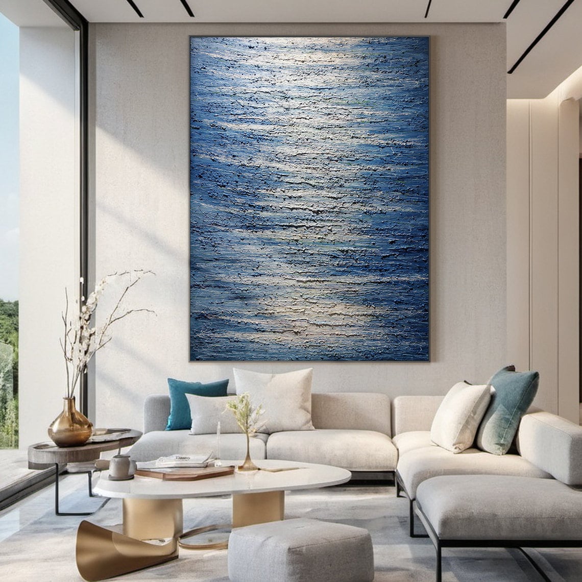 Large Blue Abstract Painting Blue Wabi Sabi Style Wall Art Blue Accents Textured Hand Painted Modern Art Wall Decor - Image 2