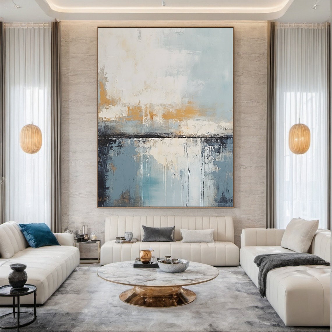 Blue Grey White Abstract Gold Band Textured Sea Sky Painting Wall Art - Image 4