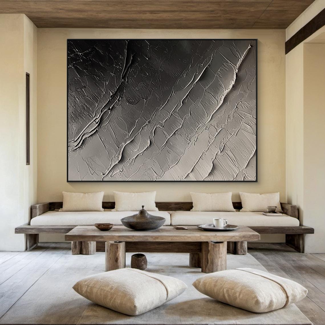 Grey Monochrome Diagonal Ridge Texture Abstract Moody Minimal Wall Art - Image 6