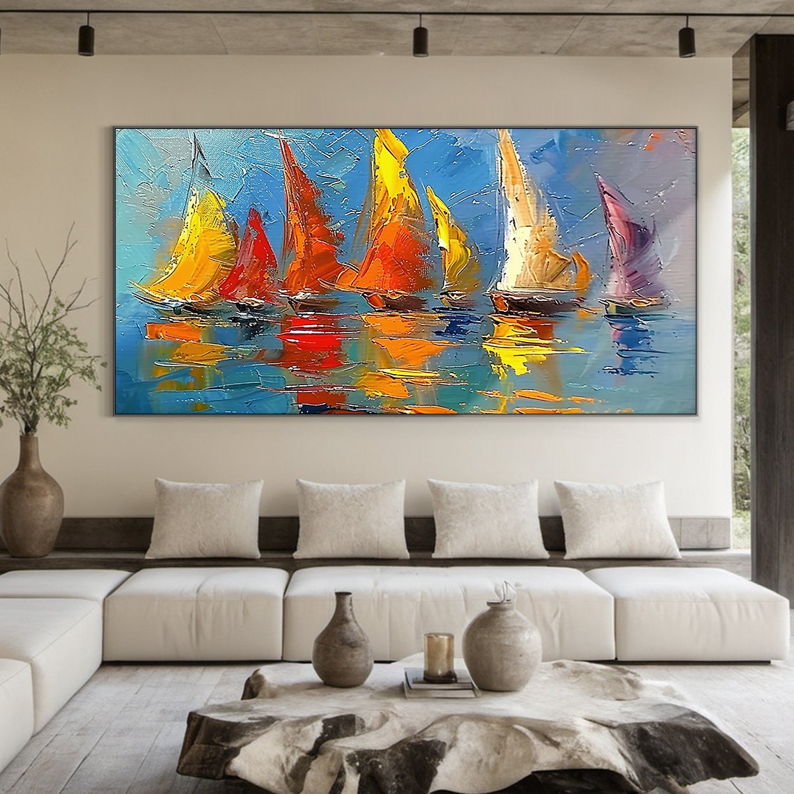 Colorful Sailboats On Blue Water Impasto Regatta Seascape Poster - Image 6