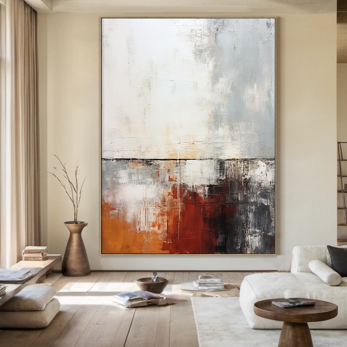 White Grey Abstract Painting Red Orange Black Bold Modern Wall Art - Image 2