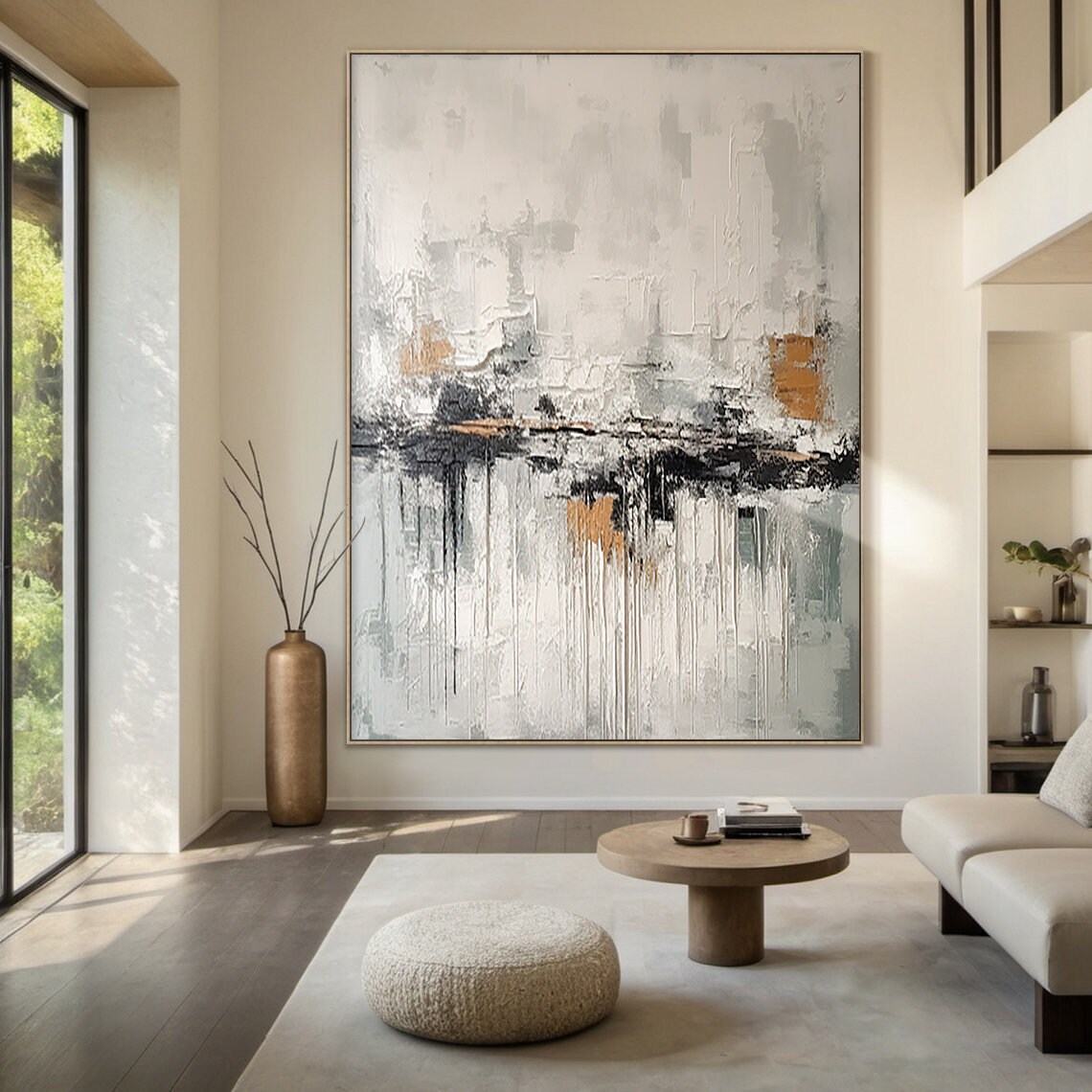 White And Grey Wabi Sabi Wall Decor Art White Abstract Art Large Black Textured Handmade Painting Modern Home Decor - Image 3