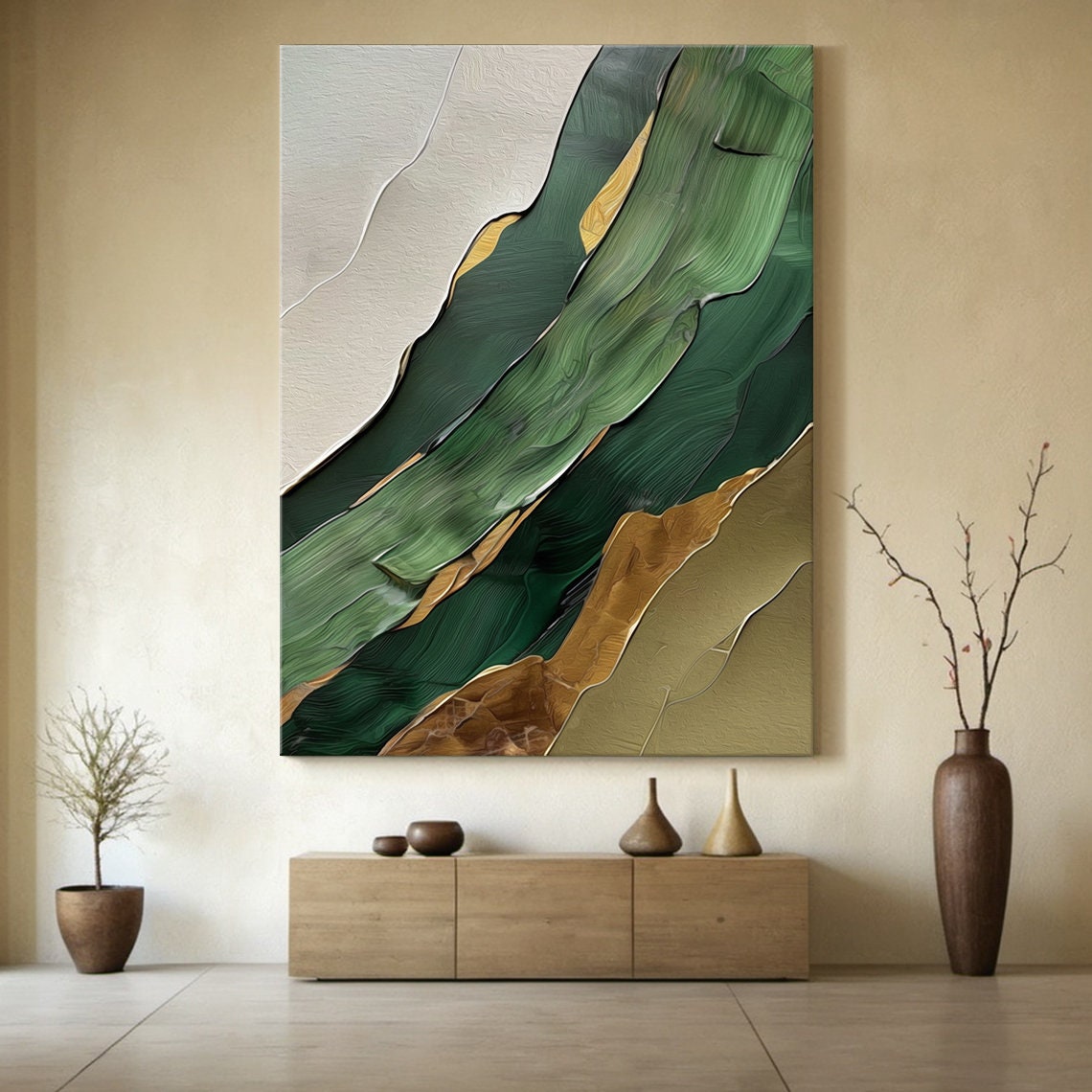 Green Brown Gold Diagonal Bands Textured Luxe Modern Art Poster