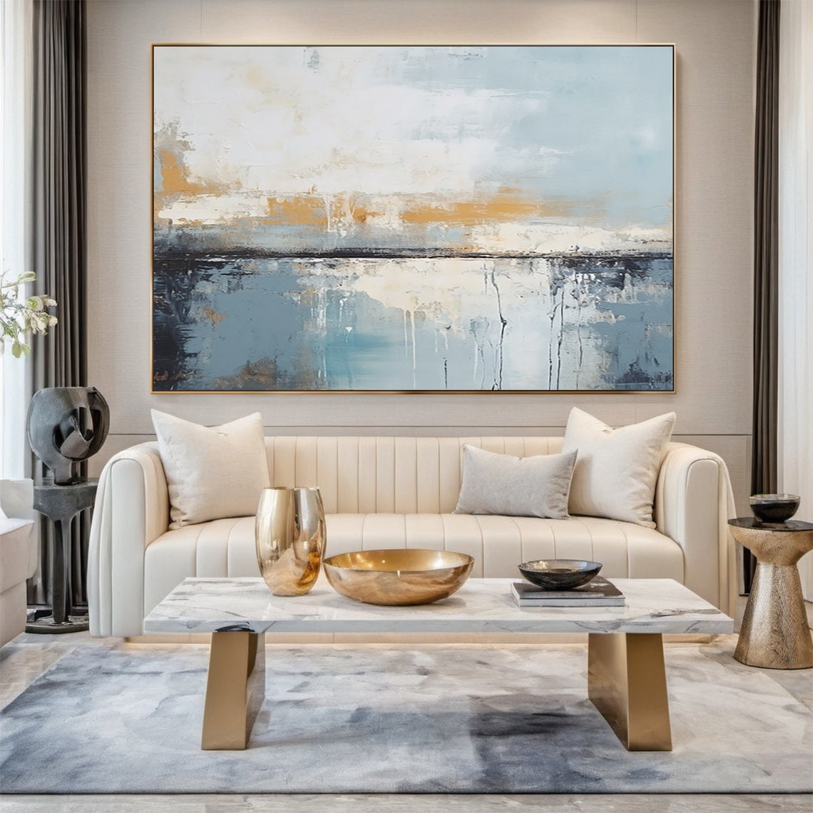 Blue Grey White Abstract Gold Band Textured Sea Sky Painting Wall Art - Image 5
