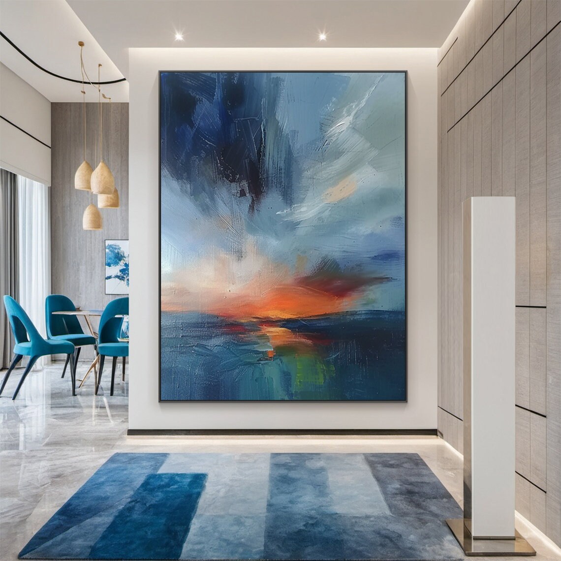 Blue Sea Sunrise Abstract Oil Painting, Ocean Art Print