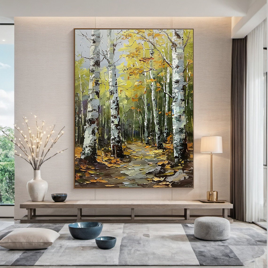 Yellow Green Birch Forest Fall Foliage Impasto Oil Painting Poster - Image 2