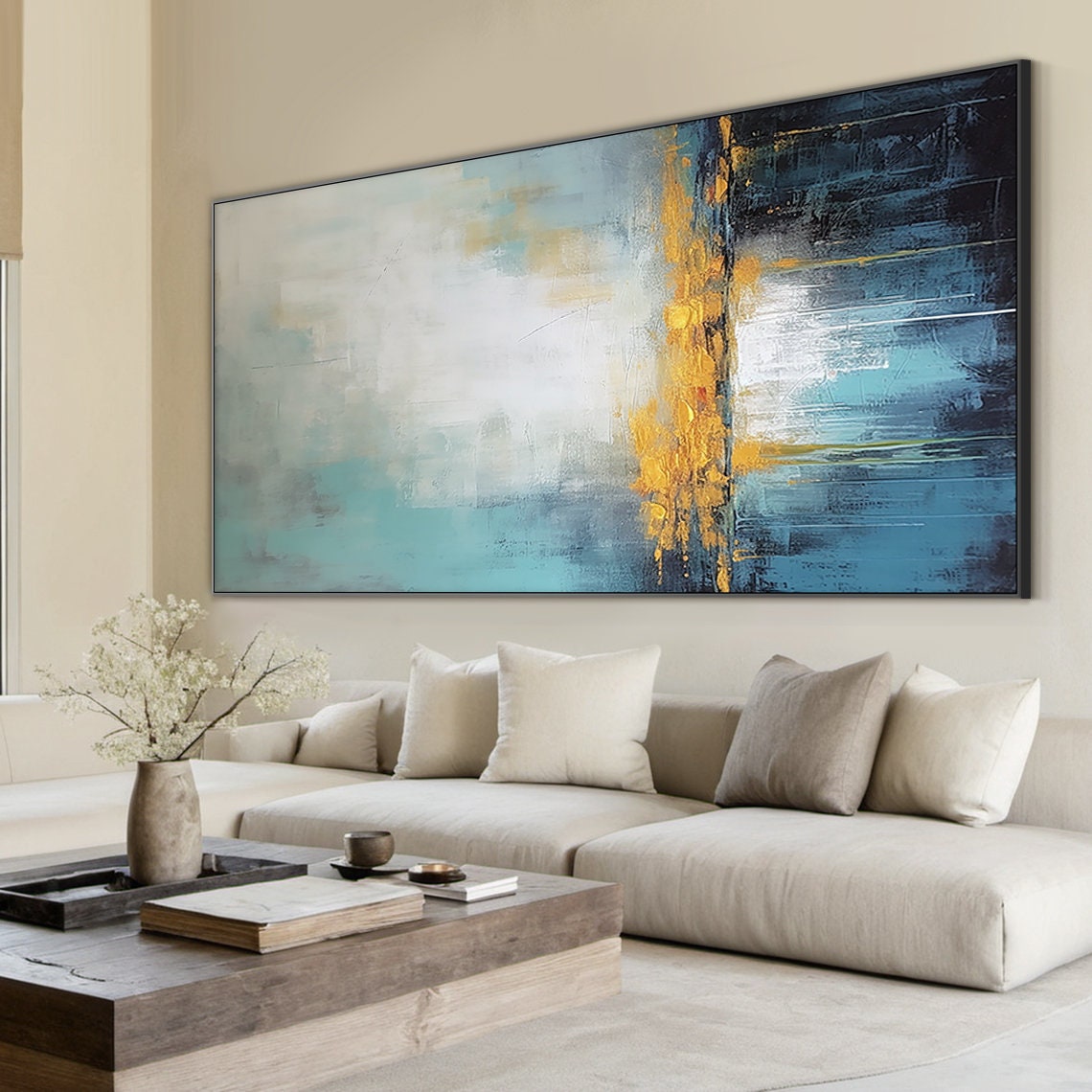 Teal White Gold Abstract Horizon Impasto Modern Coastal Luxe Wall Art - Image 2