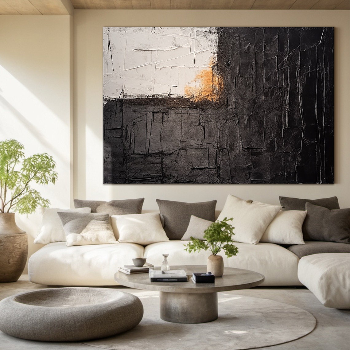 Black White Abstract With Amber Block Textured Modern Art Poster - Image 4