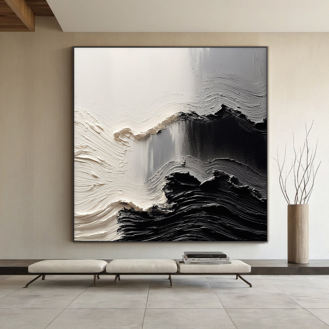 Black White Dramatic Impasto Wave 3D Textured Abstract Ocean Wall Art - Image 4