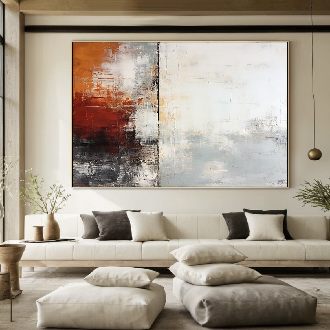 White And Grey Wabi Sabi Wall Decor Art White Abstract Art Large Burgundy Textured Handmade Painting Modern Stylish Wall Decor - Image 6
