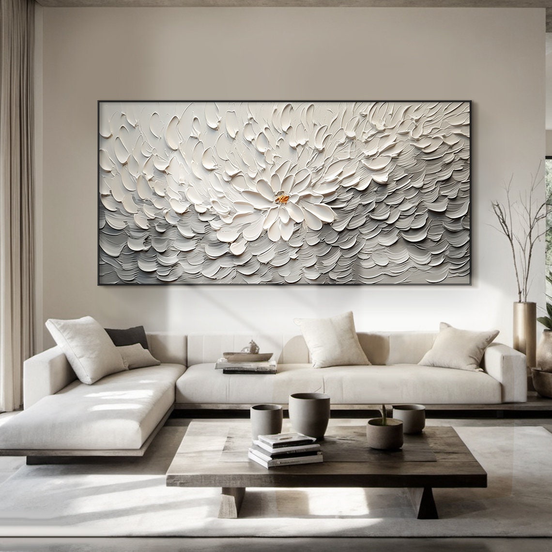 White Flower Gold Center Panoramic Floral Texture Oil Painting Poster - Image 5