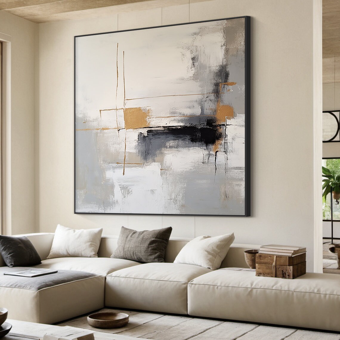 Abstract Painting On Grey And White Gray And White Minimalist Wall Art Large Black And Brown Textured Hand Painting Home Decor - Image 2